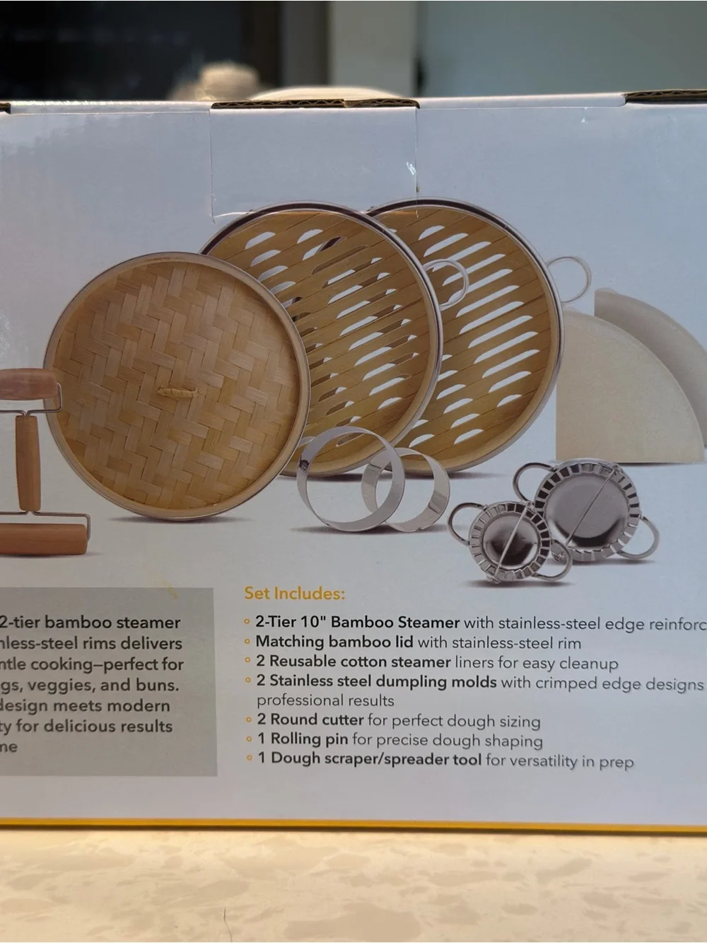 2-Tier Bamboo Steamer Set with Stainless Dumpling Maker & Accessories